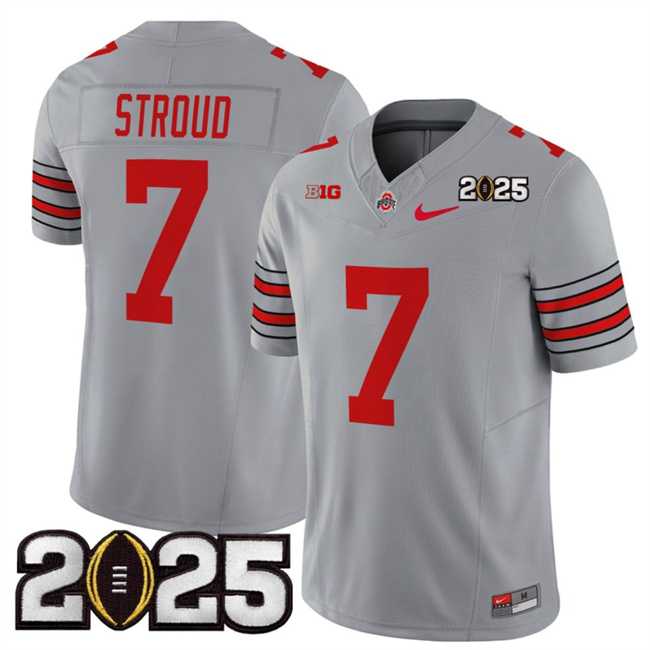 Men%27s Ohio State Buckeyes #7 C.J. Stroud Grey 2025 CFP Final Patch F.U.S.E. Vapor Limited Stitched Football Jersey